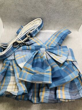 Blue Plaid pet Harness Dress with Leash